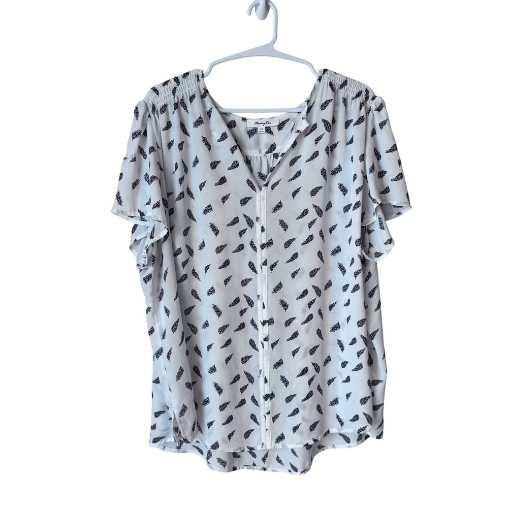 Monday Fun White Black Feather Print V-Neck Flutter Sleeve Blouse 2X FT88901P-5